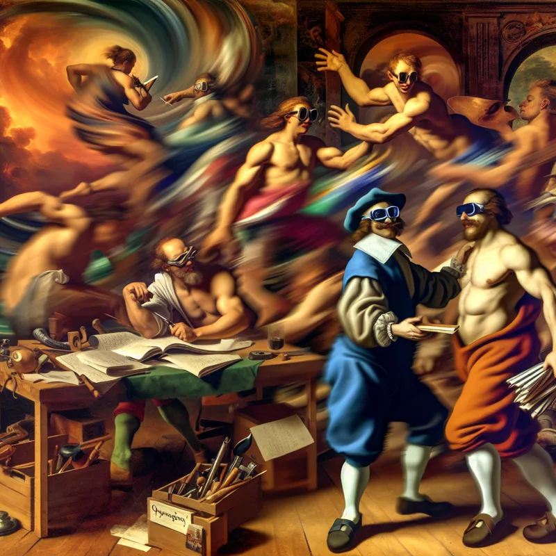 Barokke scène van een energiek team dat taken overneemt van een afwezige collega in een dynamische werkplaats, geïnspireerd op Peter Paul Rubens