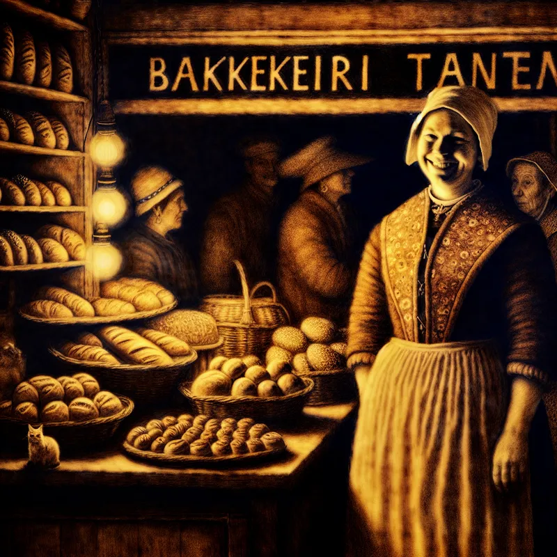 Illustratie van Tante Sjaan, een vriendelijke maar mysterieuze vrouw achter de toonbank van een 19e-eeuwse Nederlandse bakkerij, met vers brood en gebak op de achtergrond