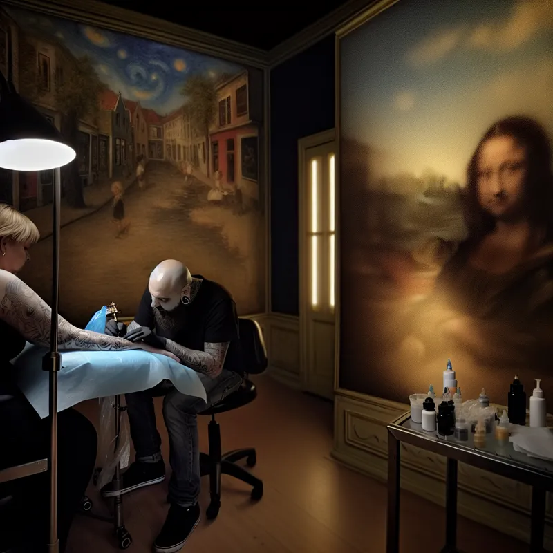 Tattoo artist aan het werk in een serene tatoeagesalon met warm licht