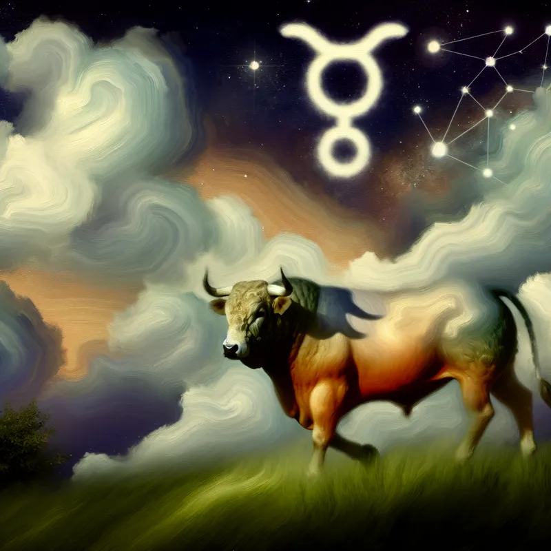 Een majestueuze stier op een groene heuvel onder een sterry hemel, symbool voor betrouwbaarheid en stabiliteit in de astrologie.
