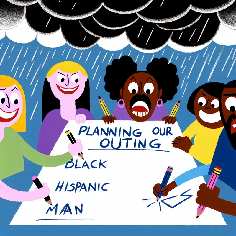 Cartoonish illustration of a cheerful team excitedly planning an outing despite dark storm clouds in the background.