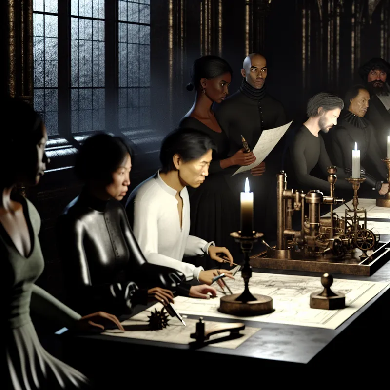 Een diverse groep individuen rond een grote tafel met gereedschap en documenten, onder leiding van een zelfverzekerde figuur die naar een voortgangsdiagram wijst. De sfeer is donker en dramatisch, met gotische architectuur en kaarslicht op de achtergrond.