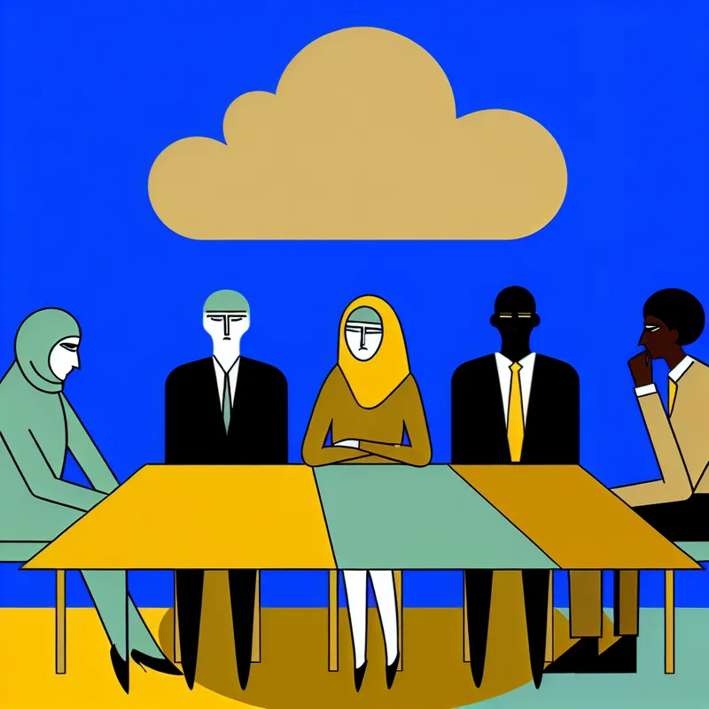 Minimalistische illustratie van een divers team van kantoormedewerkers die aan een lange vergadertafel zitten, met een grote wolk boven hen die 'ongemak' symboliseert.