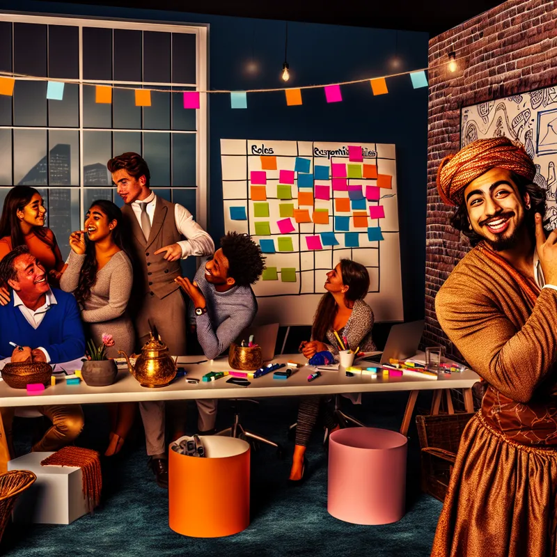 Een manager in een druk kantoor wijst naar een whiteboard met kleurrijke markers en post-it notes die rollen en verantwoordelijkheden definiëren binnen een team.