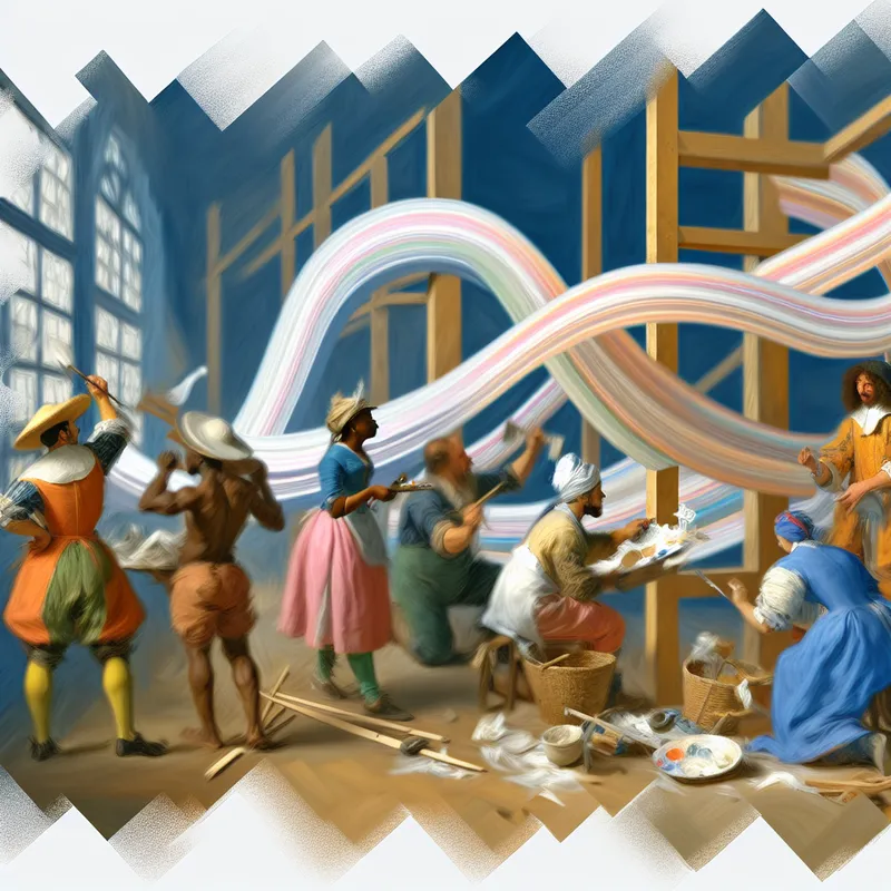 Een diverse groep mensen werkt samen aan een project, met een grote structuur in het midden die teamwork en samenwerking symboliseert.