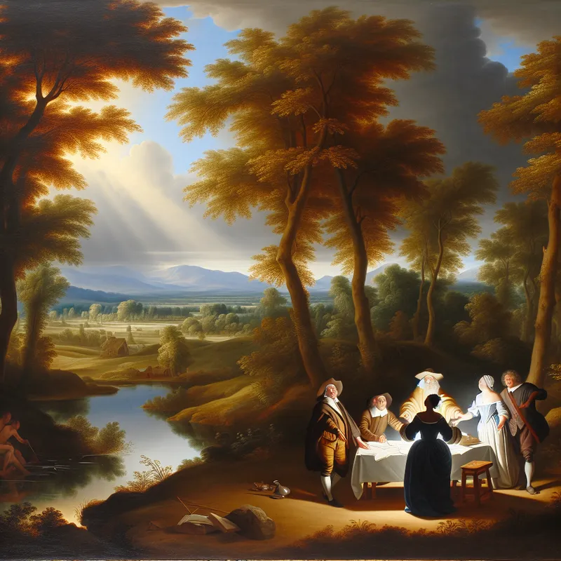 Een schilderachtig landschap in de stijl van Jacob van Ruisdael met mensen die blij reageren op een teamvergadering.