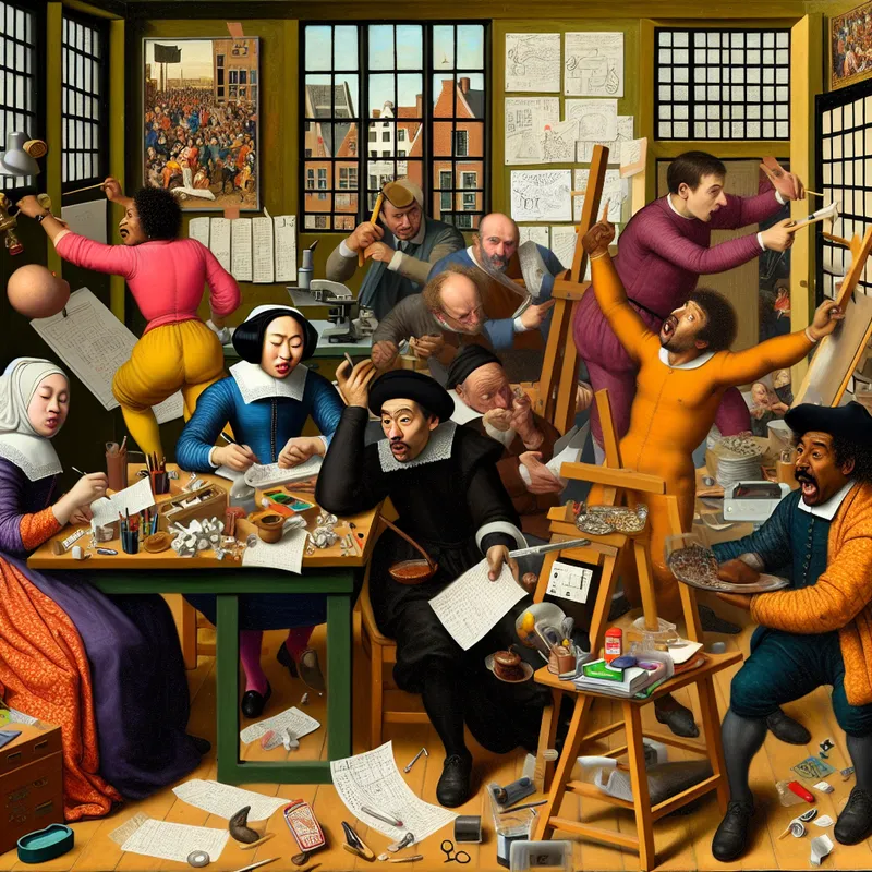 Een levendige werkomgeving met kandidaten die samenwerken om een complex probleem op te lossen, met emotionele uitdrukkingen en een chaotische, maar boeiende sfeer.