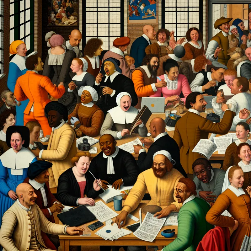 Levendige teamwork-scène in de stijl van Jan Steen met diverse collega's die samenwerken en nieuwe krachten verwelkomen in een moderne werkplek