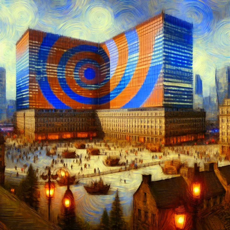 Dynamische schilderij in de stijl van Frans Hals van een imposant hoofdkantoor als een 'planeet' in de techwereld, omringd door kleine gebouwen en mensen, symboliserend een grote invloedrijke organisatie