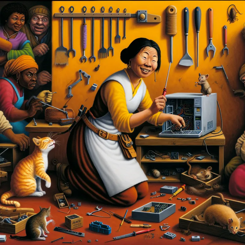 Een drukke technicus in een werkplaats die een computer repareert met onderdelen verspreid om hem heen.