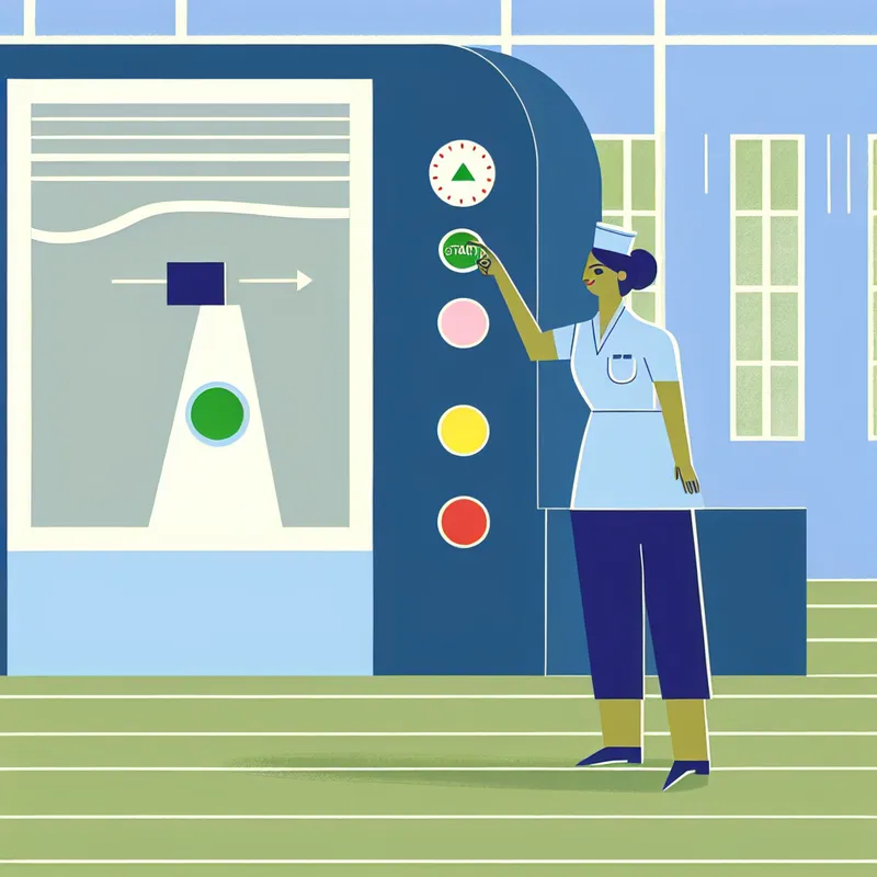 Stijlvolle illustratie van een technicus die een groene startknop indrukt om een industrieel proces te activeren in een heldere fabrieksomgeving