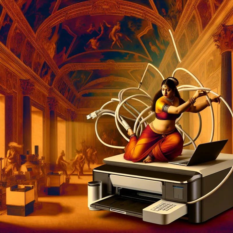 Technicus in een barokke kamer, verbindt een moderne printer met een laptop, omgeven door klassieke architectuur.