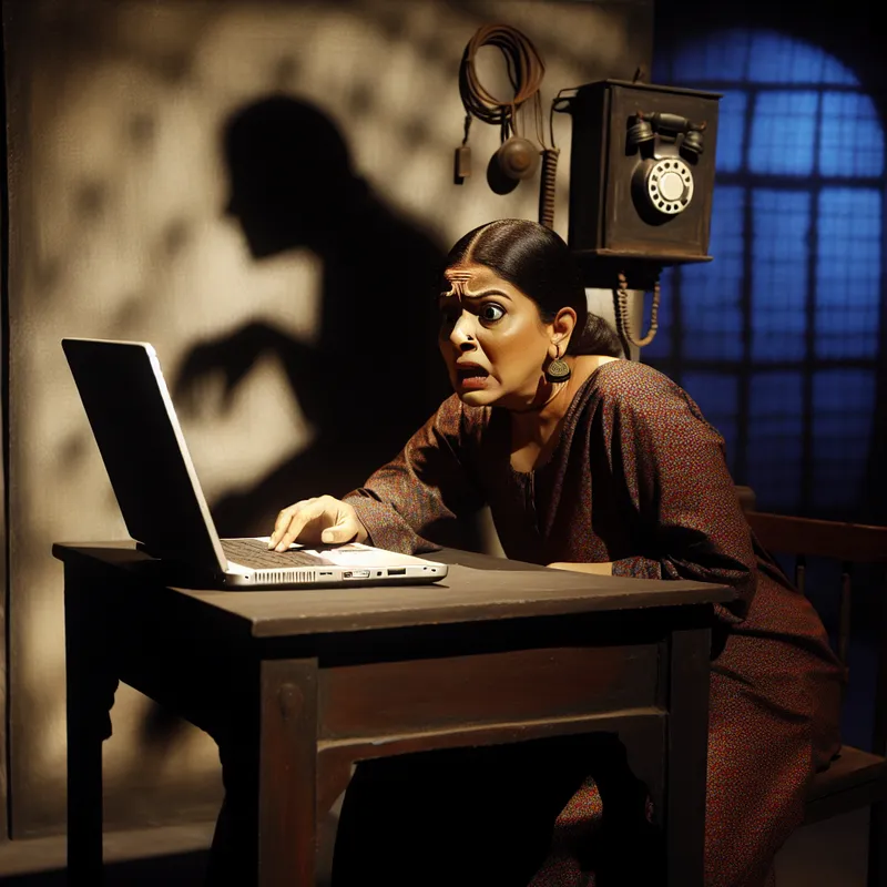 Een verontrust persoon zit aan een donker houten bureau met een laptop die een foutmelding toont, omgeven door schaduwen in een slecht verlichte kamer.