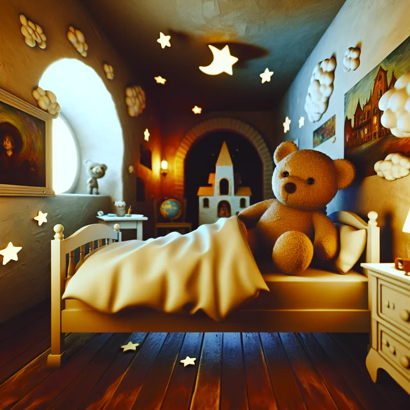 Een schattig, pluche teddybeer ligt op een bed, omringd door zachte sterren en maanlicht.
