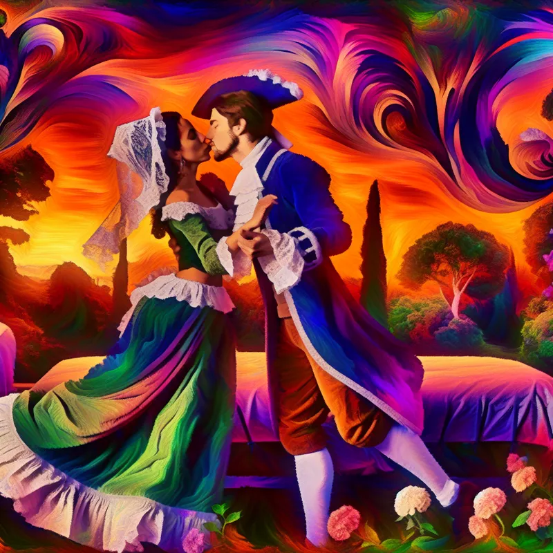 Een vrouw en een man die elkaar teder kussen in een romantische tuin vol bloemen, onder een kleurrijke zonsondergang, met een Barokke stijl.