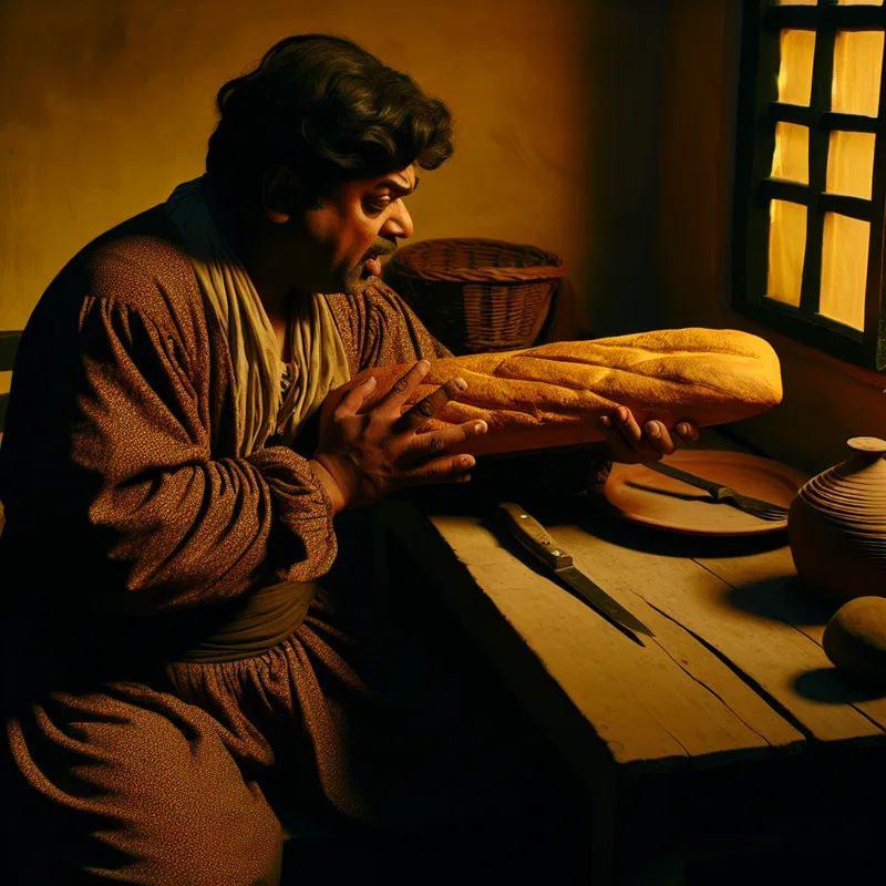 17e-eeuws tafereel van persoon die grote sandwich vasthoudt, symboliserend 'tegelijk' als alles in één keer doen