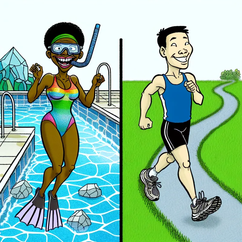 Cartoonillustratie van twee personages in tegenstelling; een zwemmer met enthousiasme, de ander een hardloper met vastberadenheid