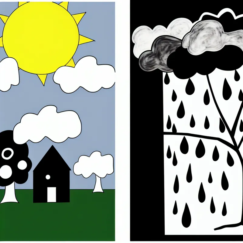 Minimalistische illustratie van twee tegenovergestelde weersituaties: zonnig weer links en regen rechts, ter illustratie van het woord 'echter'