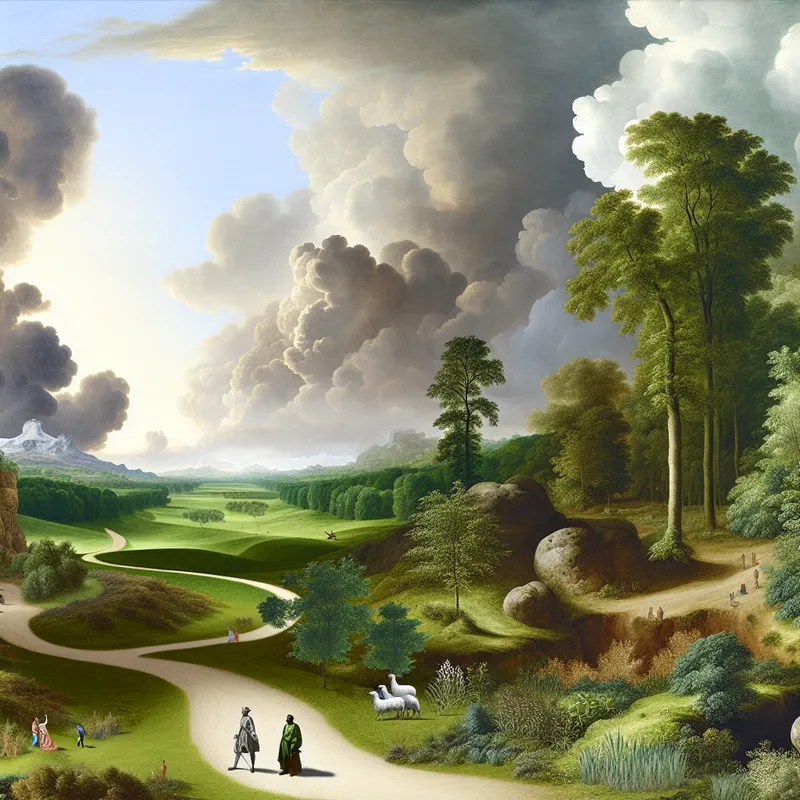 Twee figuren van sterk verschillende grootte in een weids landschap met dramatische lucht, illustrerend de tegenstelling groot en klein