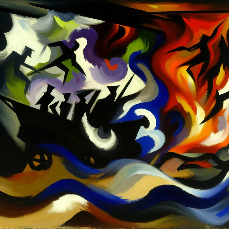 Abstract expressionistisch schilderij dat de tegenstelling tussen licht en donker symboliseert met gedurfde penseelstreken.