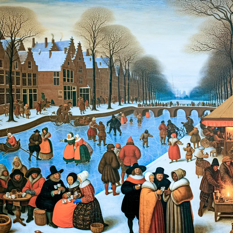 Levendige wintertafereel met twee groepen mensen bij een café en theekraam op een bevroren kanaal, illustrerend de tegenstelling tussen koffie- en theedrinkers