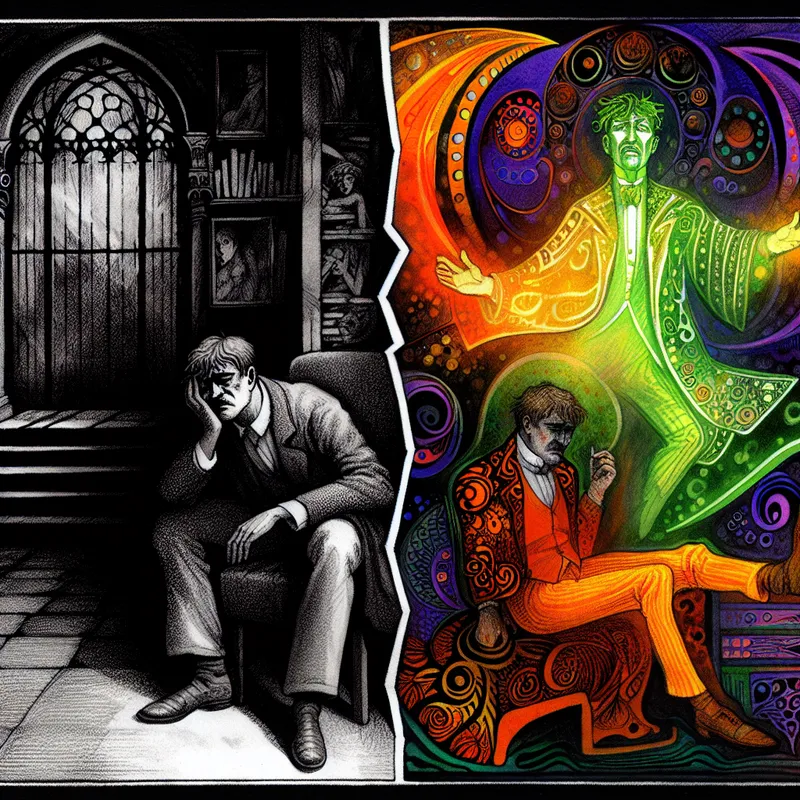 Symbolische illustratie van een man die enerzijds uitgeput en anderzijds energiek is, ter verduidelijking van de tegenstelling 'niet lui, maar gewoon moe' in de stijl van Félicien Rops