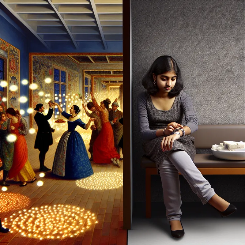 Jonge vrouw kijkt bedrukt naar een klok terwijl een feestelijk feest aan de andere kant van de kamer plaatsvindt.