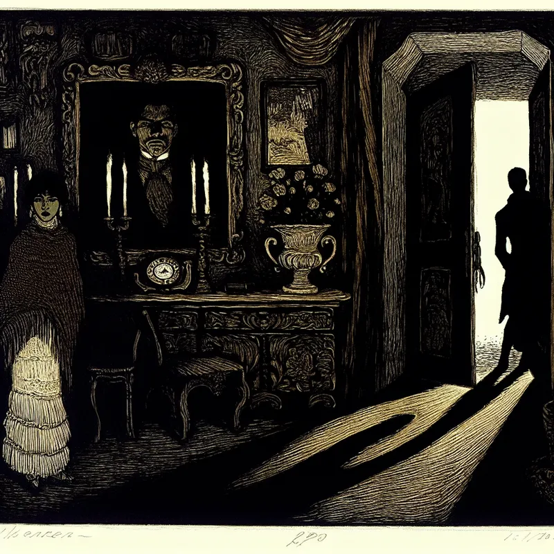 Gothische scène met verrassende tegenstelling: man verschijnt onverwacht in de deuropening terwijl een andere figuur verbaasd toekijkt