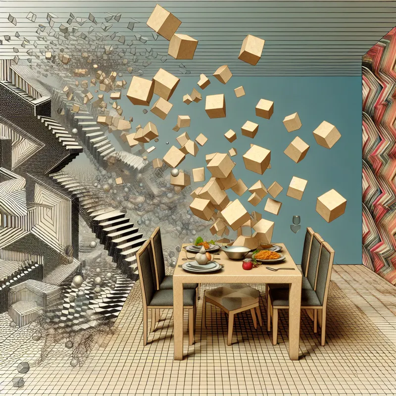 Surrealistische illustratie van teleurstelling met vervormend eten op een restauranttafel en onmogelijke trappen, geïnspireerd op M.C. Escher