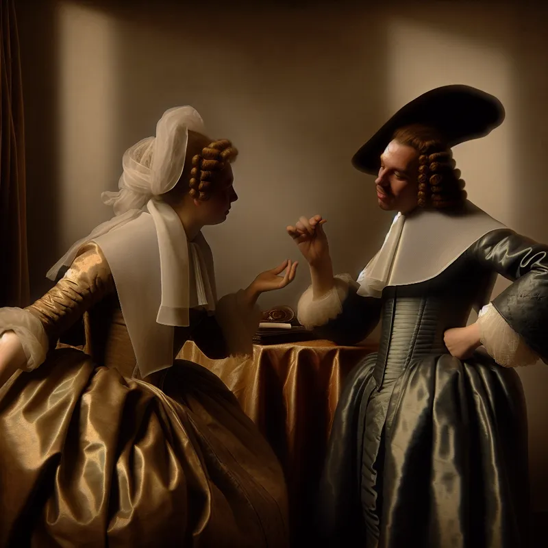 Twee elegante personen in 17e-eeuws Nederlands interieur voeren een beleefde discussie met een tegenwerping, geschilderd in de stijl van Gerard ter Borch