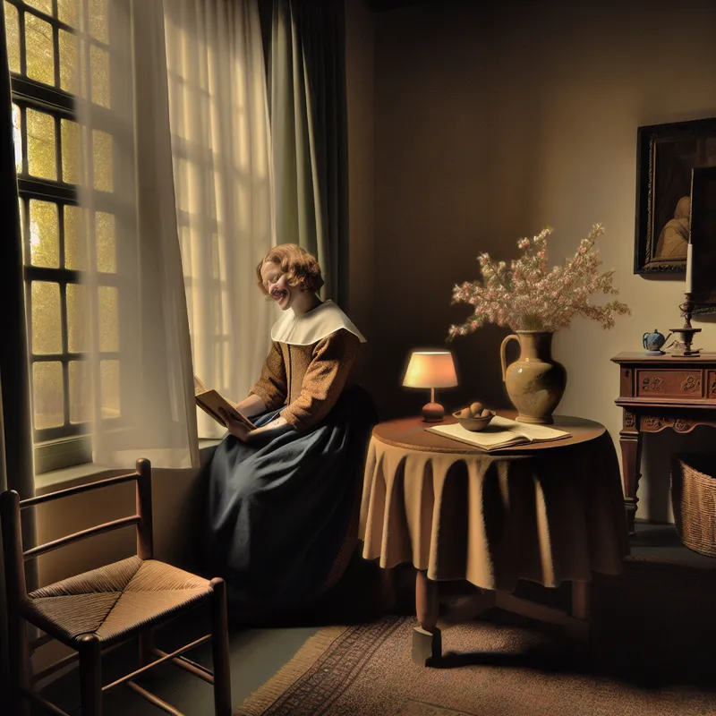 Een persoon van Nederlandse afkomst zit tevreden bij het raam, luisterend naar een vriend aan de telefoon, met zachte, gedempte verlichting.