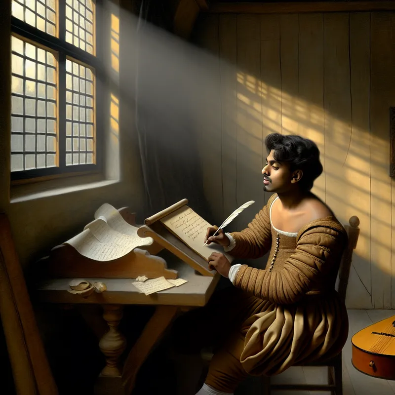 17e-eeuwse tekstschrijver schrijft songteksten bij kaarslicht in een rustige kamer, geïnspireerd door Vermeer