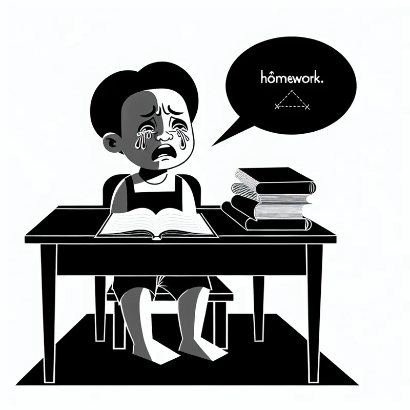 Minimalistische illustratie van een kind dat teleurgesteld aan een bureau zit met boeken, met een frons en traanogen, omringd door papieren.