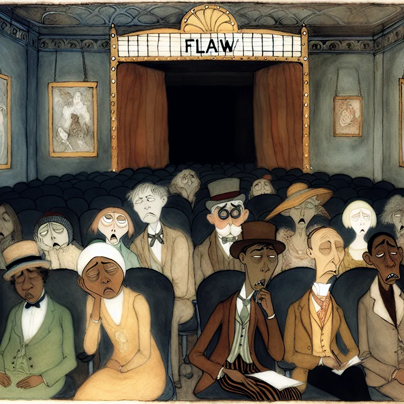 Een groep teleurgestelde bioscoopbezoekers verlaat een vintage stijl cinema met een marqee die 'Flauw Film Festival' toont.