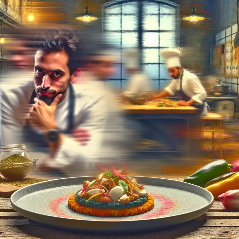 Een teleurgestelde chef-kok kijkt naar een eenvoudig gepresenteerd gerecht op een houten tafel, omringd door levendige ingrediënten.