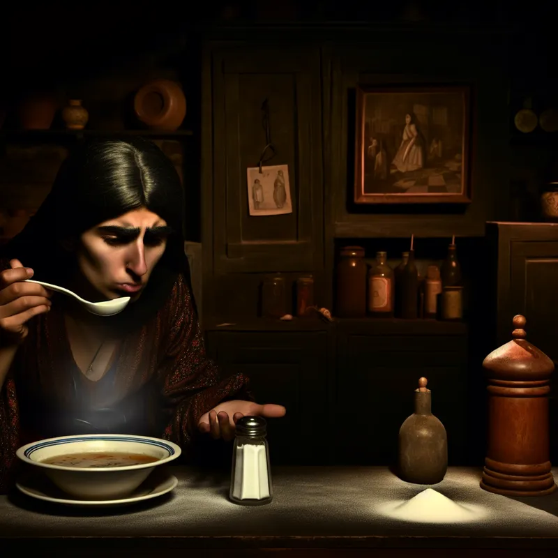 Een teleurgestelde chef in een donker verlichte keuken proeft waterige soep uit een schaal met een zoutstrooier dichtbij.