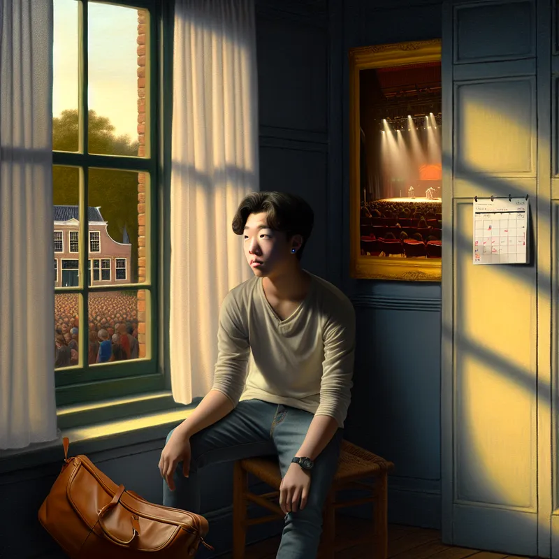 Jong persoon kijkt teleurgesteld uit een open raam naar een concert locatie in de verte