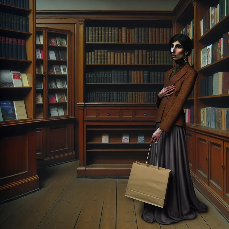 Een teleurgestelde persoon in een elegante boekwinkel met lege planken en een lege boodschappentas.