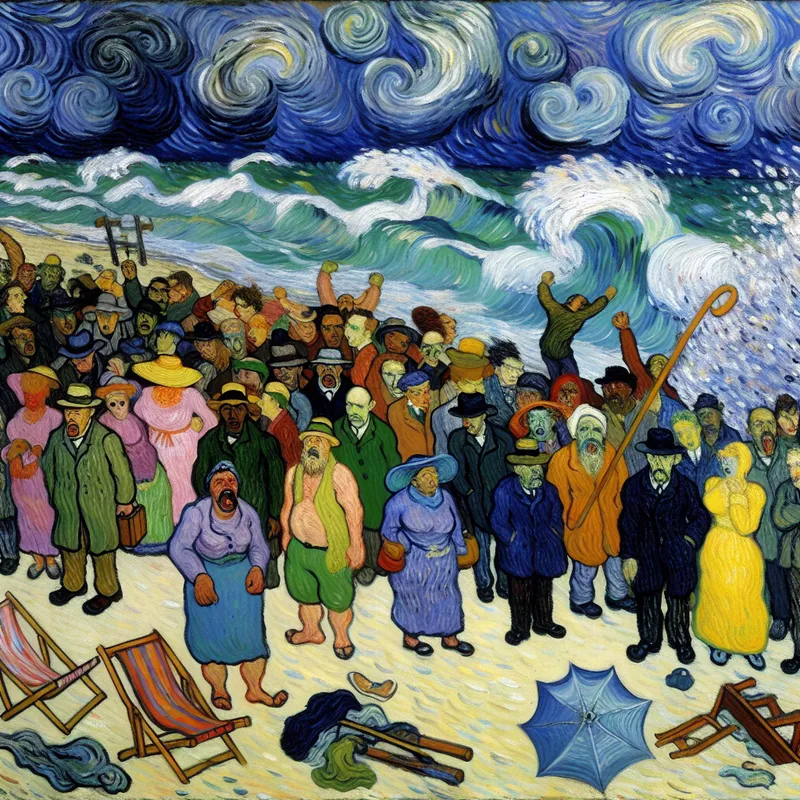 Schilderij van teleurgestelde mensen naast een verlaten strandopstelling met verspreide strandstoelen en een ingestorte parasol.