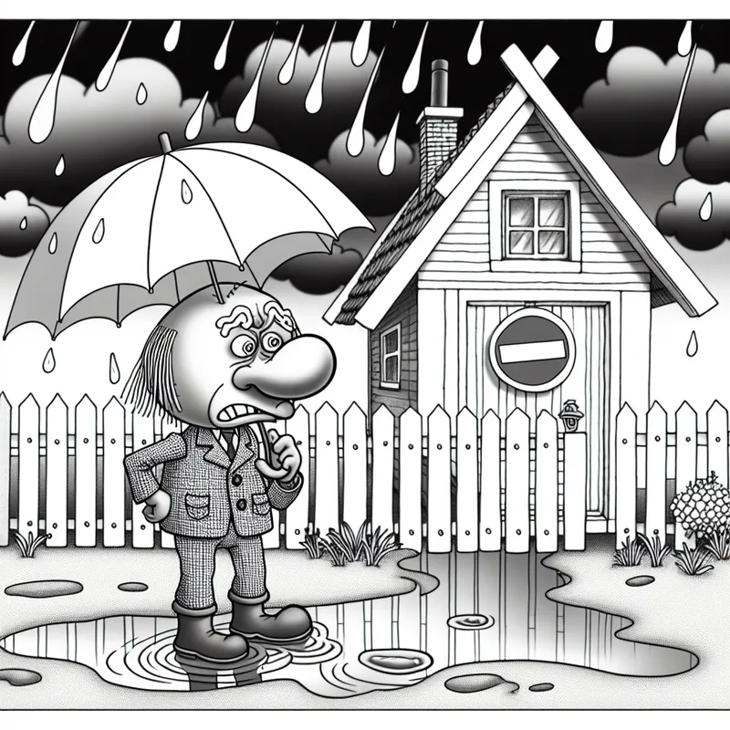 Een cartoonachtige scene van een teleurgestelde persoon onder een paraplu terwijl het regent, met een 'Geen Toegang' bord op de achtergrond.