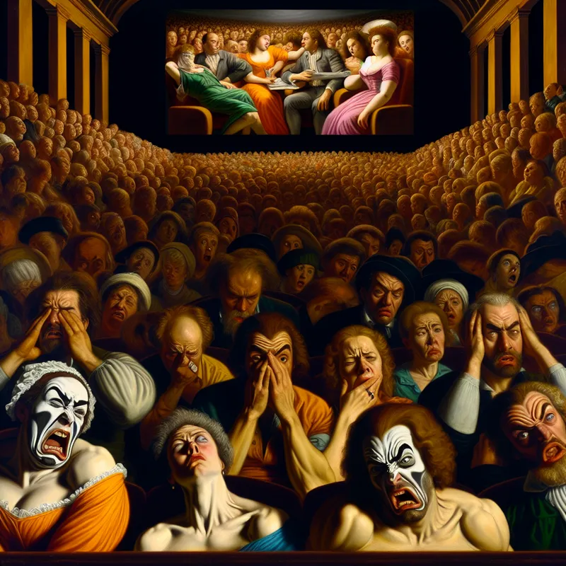 Een barokke illustratie van een teleurgestelde menigte in een cinema, met mensen die ongelukkig kijken naar een slechte film.