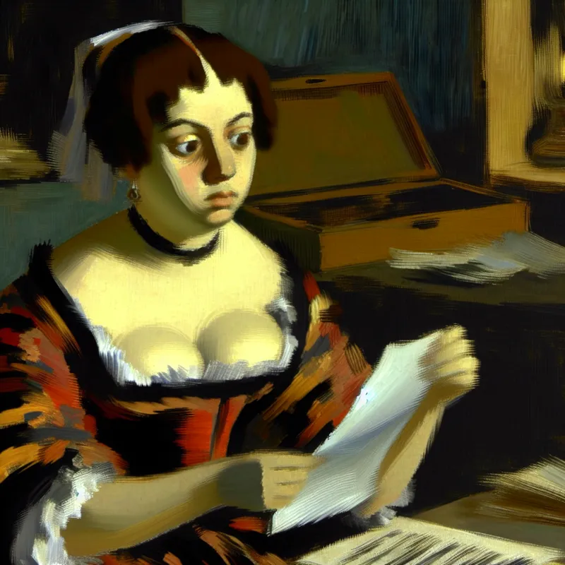 Jonge vrouw met teleurgestelde gezichtsuitdrukking houdt een mislukt toetsvel vast in een studieruimte, geschilderd in de stijl van Frans Hals