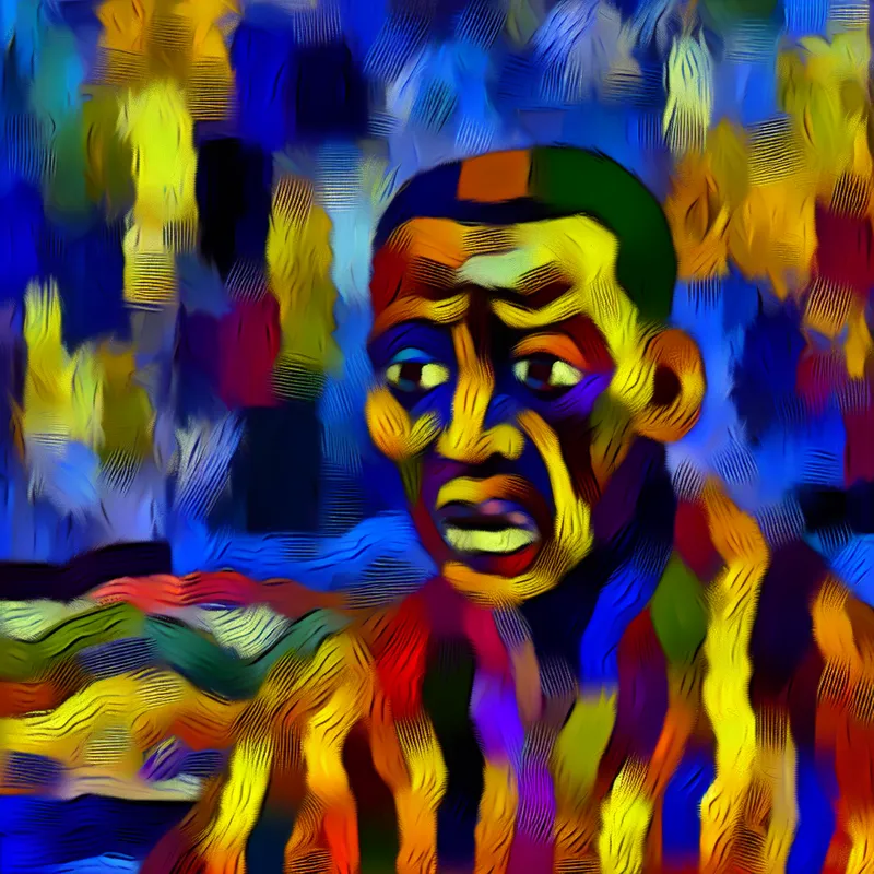 Abstract expressionistische afbeelding van een persoon die een kamer verlaat met een zuur gezicht, omringd door chaotische kleuren die teleurstelling uitdrukken.