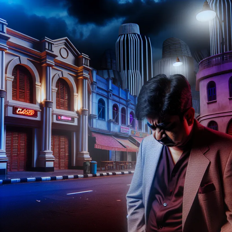 Een teleurgestelde man staat voor een gesloten restaurant in een desolate straat tijdens de schemering.