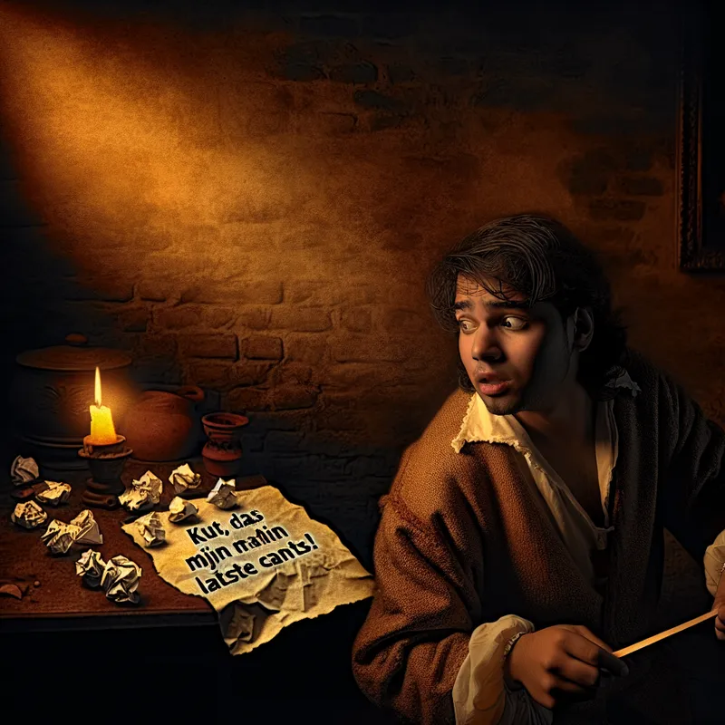 Een jong persoon in een dim verlichte kamer, teleurgesteld kijkend naar een verkreukeld papier en een gebroken voorwerp, met sterke schaduwen.