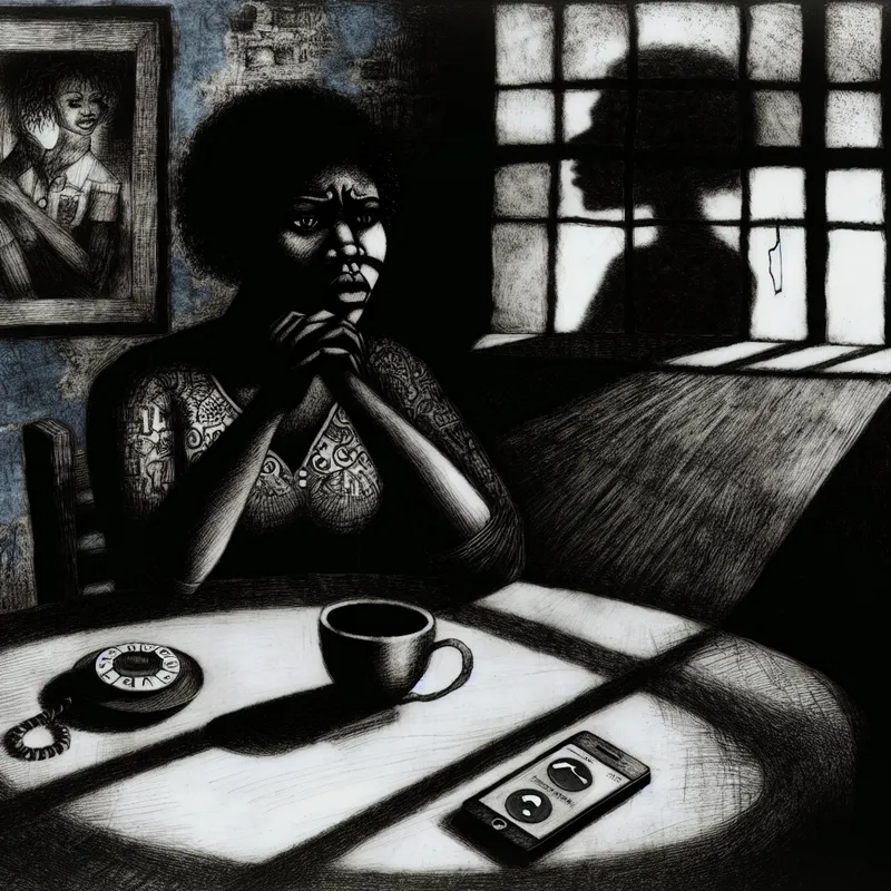 Jongeman zit somber alleen aan een tafel met een halve kop koffie en een gesloten telefoon met gemiste oproep.