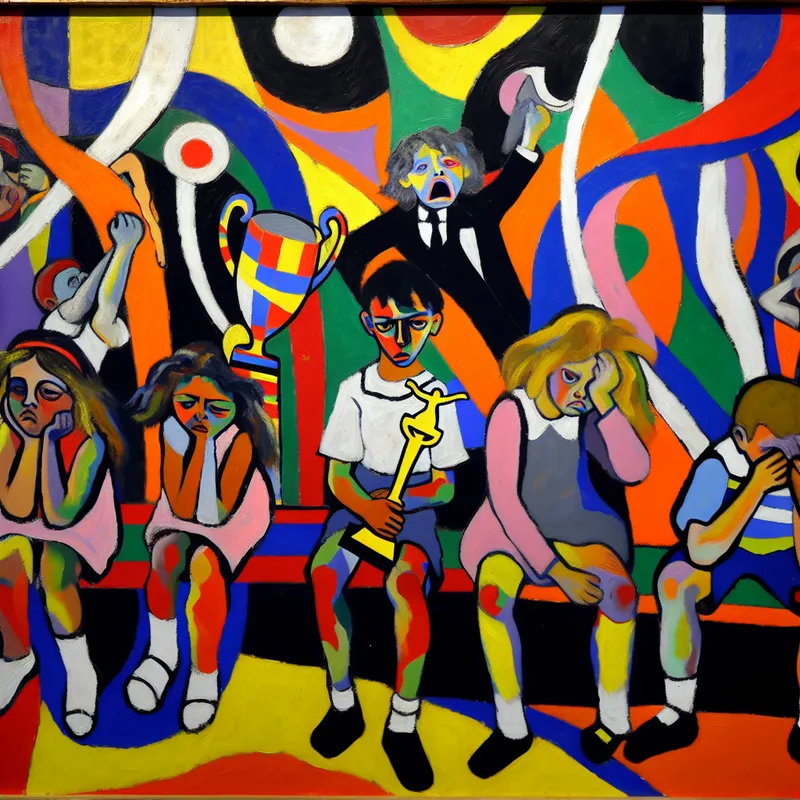 Abstract kunstwerk van kinderen in een speeltuin, met teleurstelling op hun gezichten, één kind houdt een lege trofee vast.