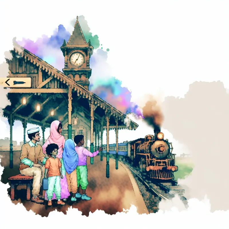 Anton Pieck-stijl illustratie van teleurgestelde mensen op oud treinstation