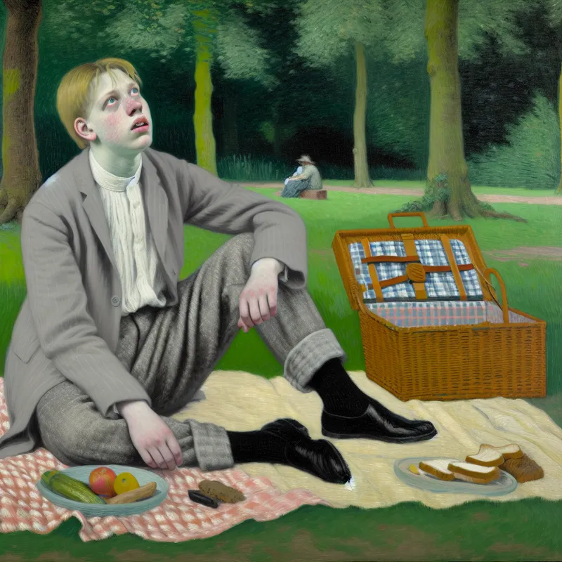 Jong persoon op een picknickkleed in een park, met een dejected uitstraling terwijl hij naar de bewolkte lucht kijkt.