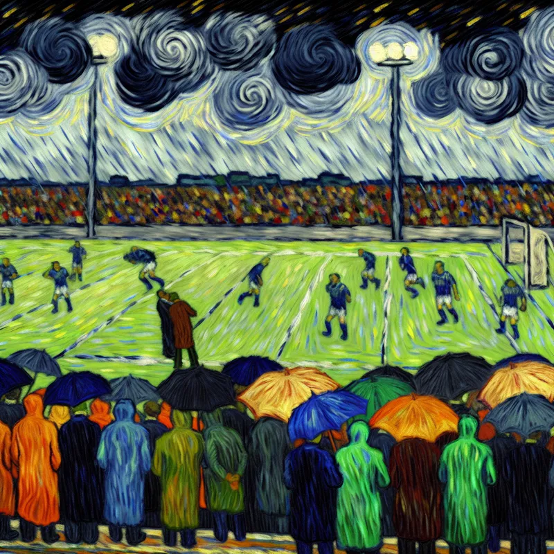 Voetbalveld in de regen met teleurgestelde spelers en toeschouwers in Van Gogh-stijl